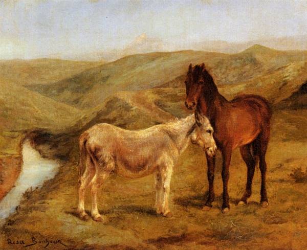 Bonheur Rosa A Horse And Donkeys In A Hilly Landscape
